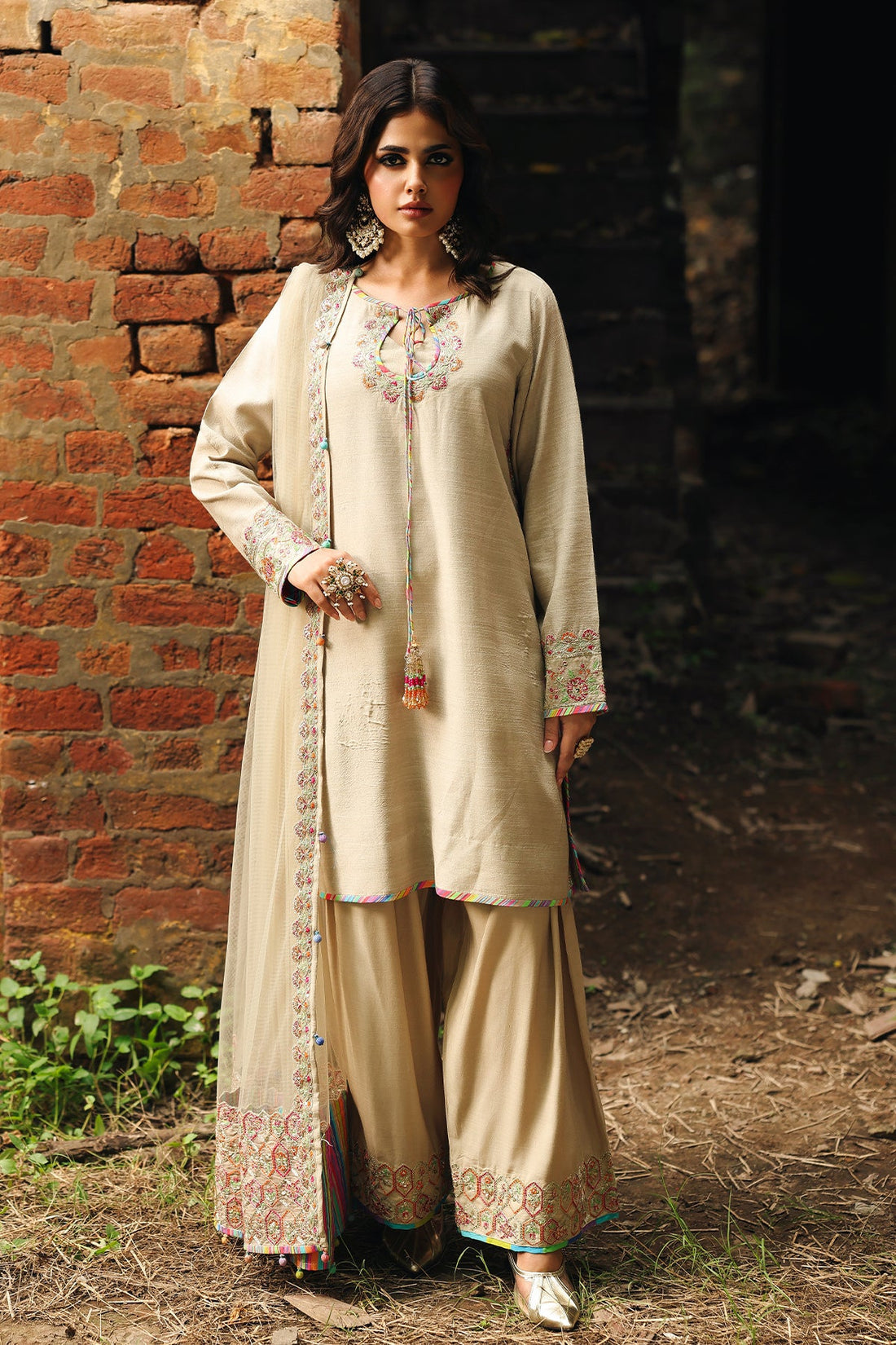 3-PC Embroidered Raw-Silk Suit By Charizma