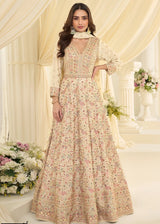 CREAM WHITE GEORGETTE ANARKALI GOWN WITH ALL-OVER ZARKAN EMBROIDERY