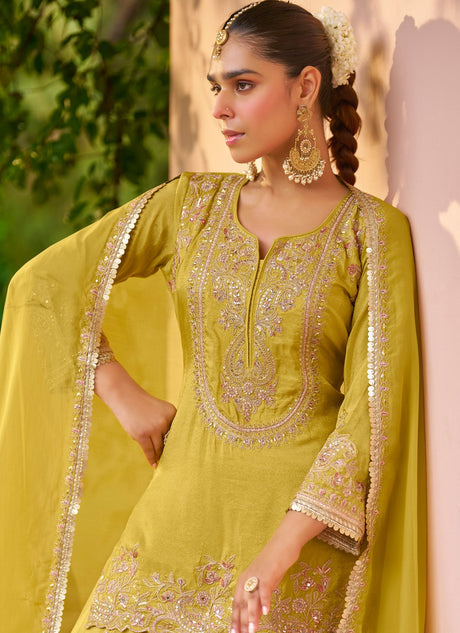 Yellow Embroidered Chinon Sharara Suit