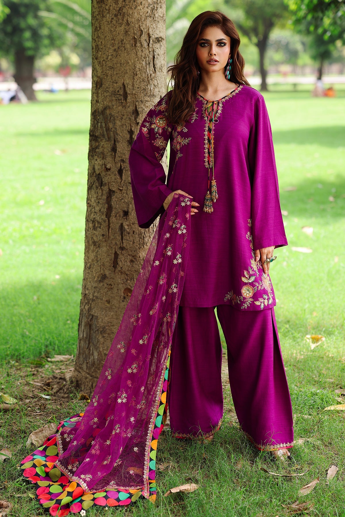 3-PC Embroidered Raw-Silk Suit by Charizma