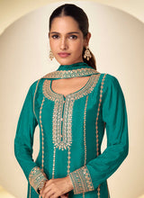 Teal Blue Chinon Embroidered Sequins Palazzo Suit Festive Wear
