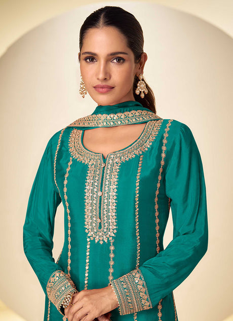 Teal Blue Chinon Embroidered Sequins Palazzo Suit Festive Wear