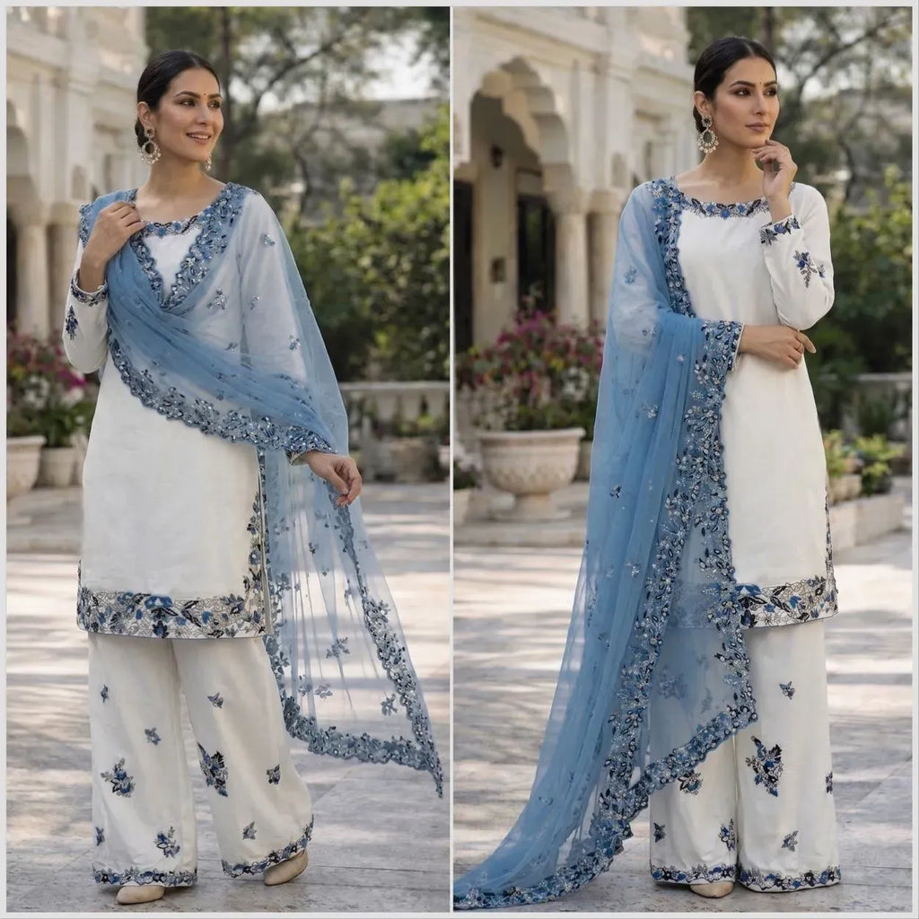 White Heavy Rayon Cotton Palazzo Suit