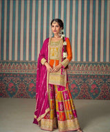 Embroidered Chinon Silk Kurta With Plazzo & Dupatta