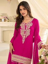 Rani Pink Premium Real Georgette Beads Embroidered Gharara Suit