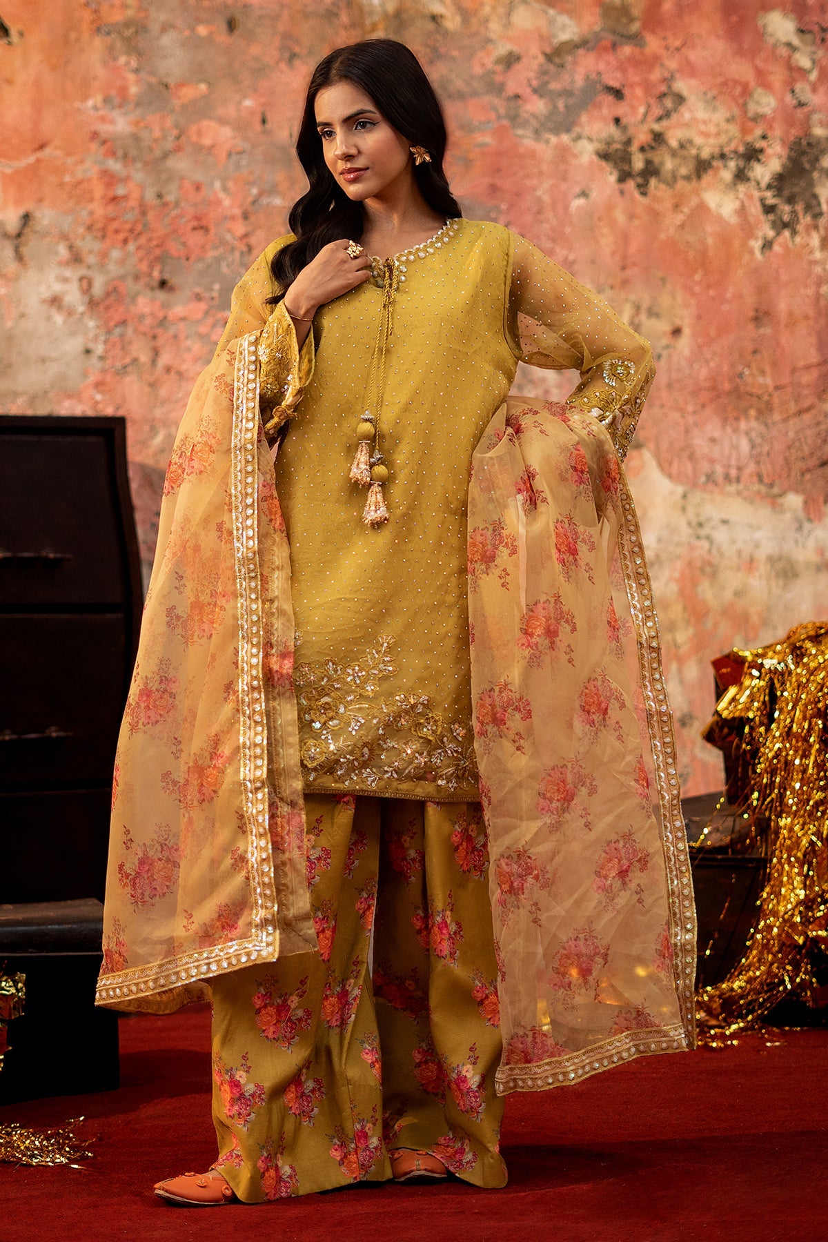 3-PC Embroidered Raw-Silk Suit By Charizma