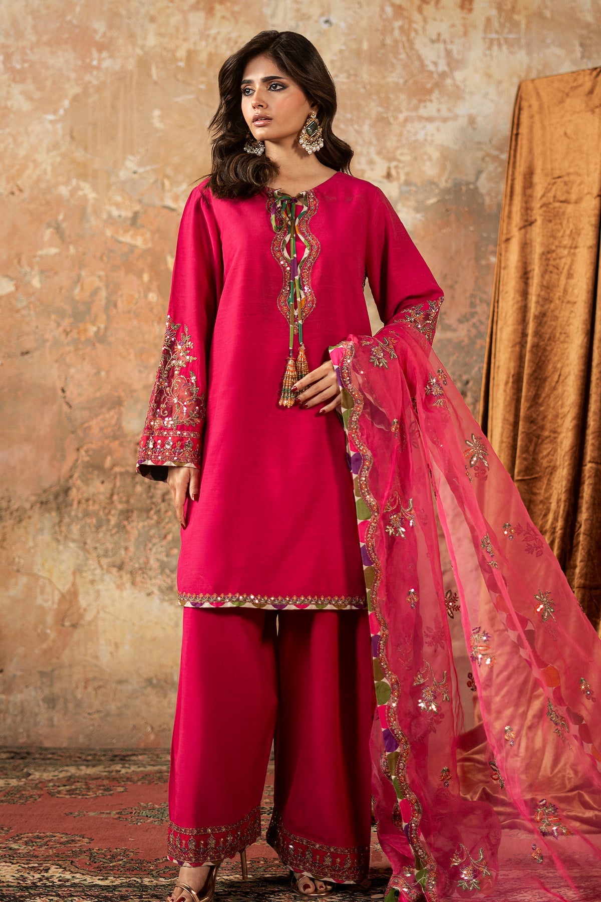 3-PC Embroidered Raw-Silk Suit By Charizma