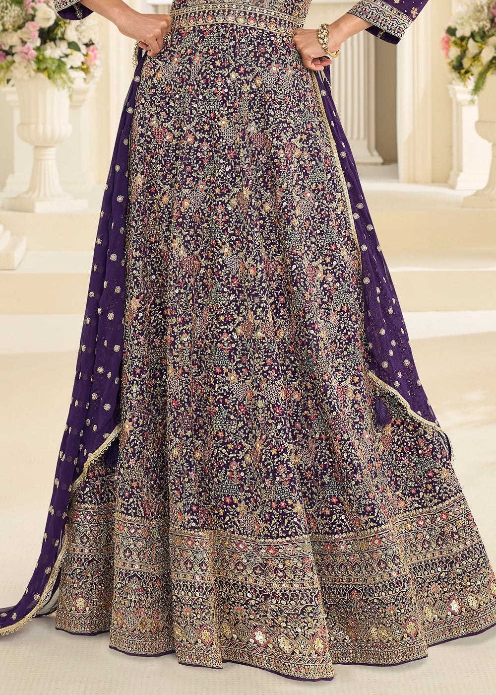 PURPLE GEORGETTE ANARKALI GOWN WITH ALL-OVER ZARKAN EMBROIDERY