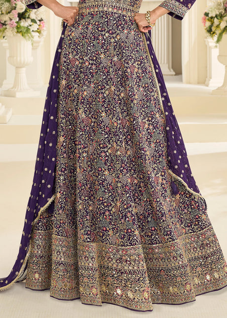 PURPLE GEORGETTE ANARKALI GOWN WITH ALL-OVER ZARKAN EMBROIDERY