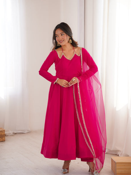 Pink Pure Chanderi Fabric Fully Flare Anarkali Salwar Suit
