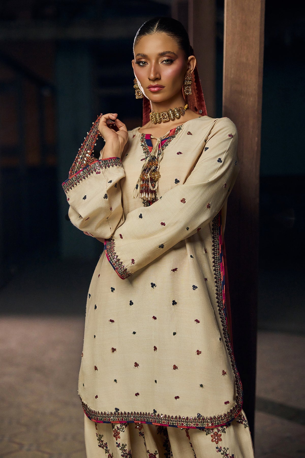 3-PC Embroidered Raw-Silk Suit By Charizma