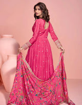 SHOCKING PINK ANARKALI GOWN IN CHINON SILK WITH DUAL EMBROIDERY