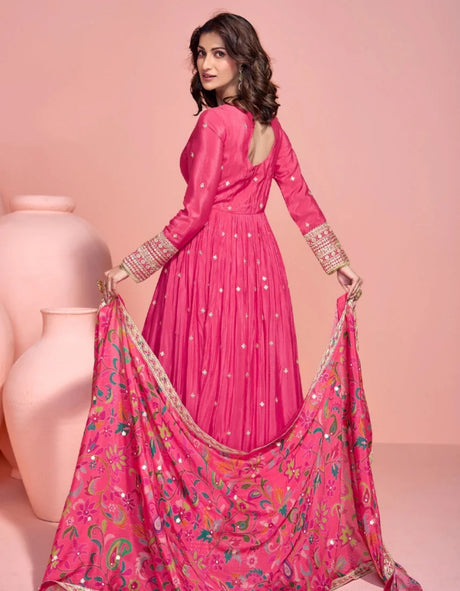 SHOCKING PINK ANARKALI GOWN IN CHINON SILK WITH DUAL EMBROIDERY