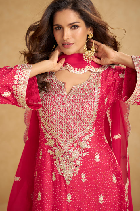 Pink  Embroidered Chinon Suit