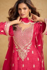 Pink  Embroidered Chinon Suit