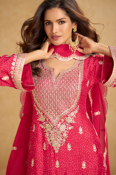 Pink  Embroidered Chinon Suit