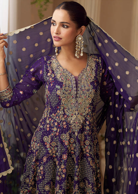 Violet Purple Embroidered Function Wear Palazzo Suit