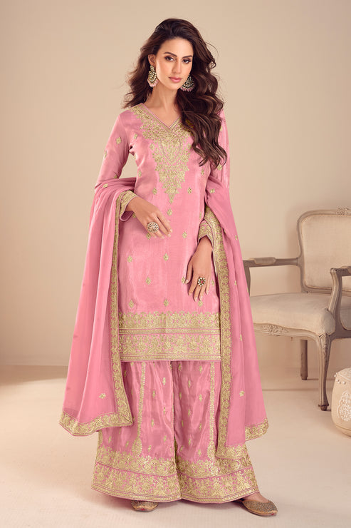 Pink Embroidered Simar Silk Suit