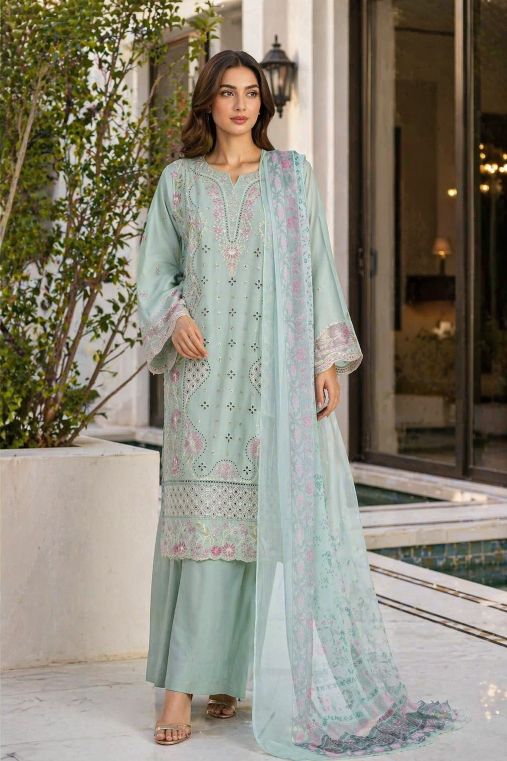 Bin Saeed Luxury Embroidered Lawn With Chiffon Dupatta