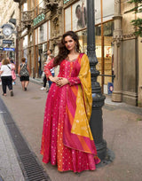 Rani Pink Embroided Viscos Jacquard Silk Anarkali Gown Dupatta Suit
