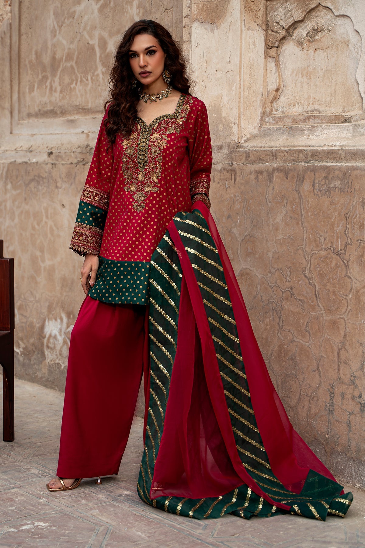 3-PC Embroidered Raw-Silk Suit by Charizma