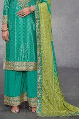 Green Chinon Suit With Bandhej Print