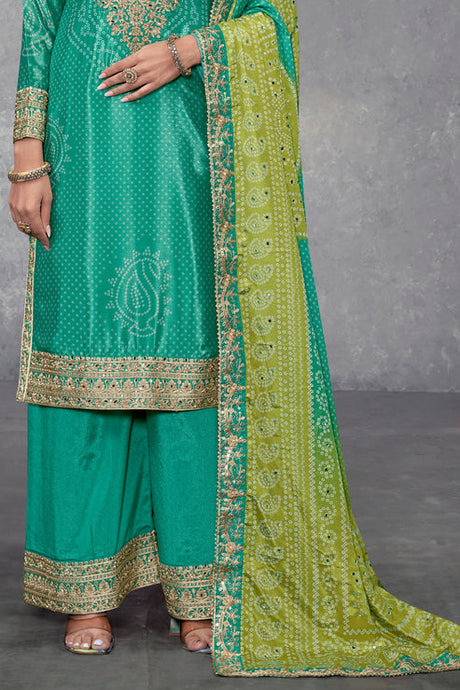 Green Chinon Suit With Bandhej Print