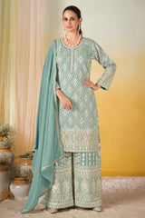Sea Green Designer Embroidered Georgette Palazzo Salwar Kameez
