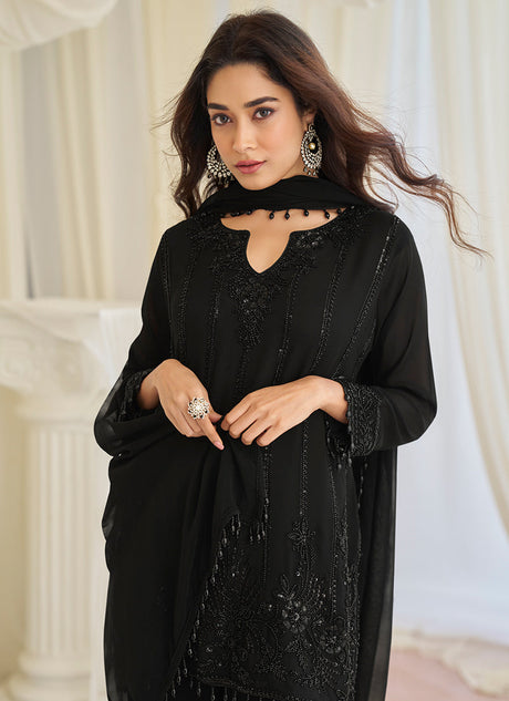 Black Chinon Silk Embroidery Work Festival wear Salwar Suit