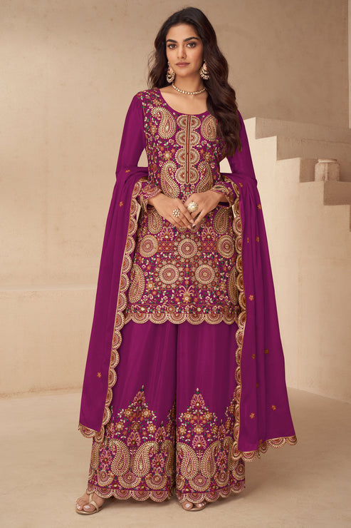 Pink  Embroidered Chinon Suit