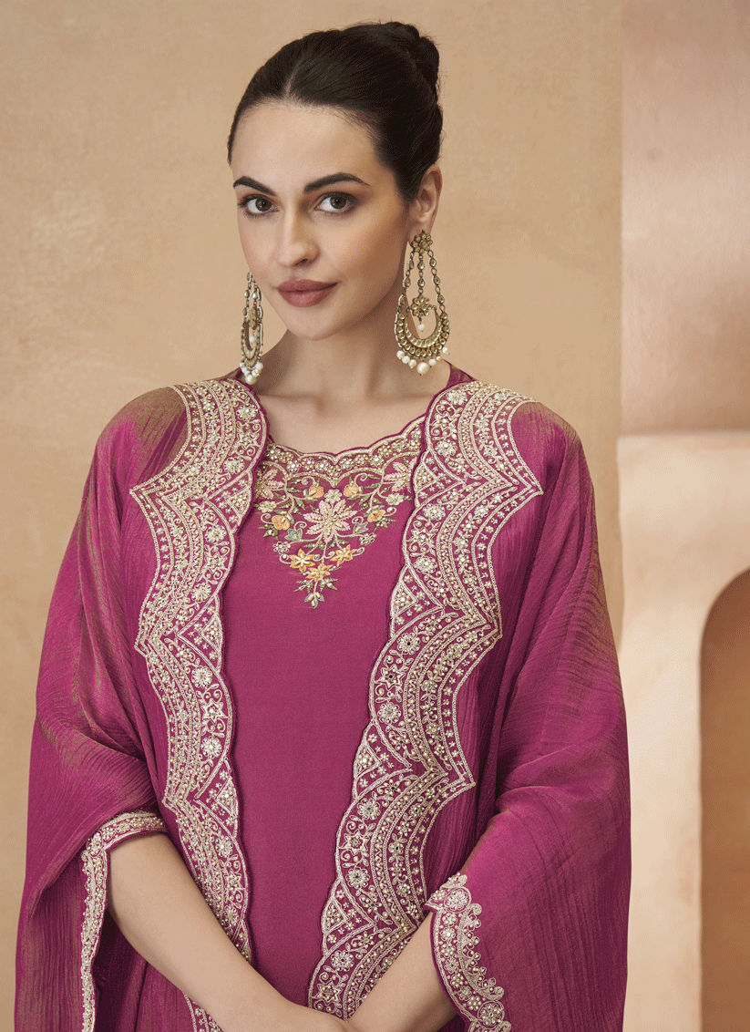 Rani Pink Designer Party Wear Embroidered Palazzo Suit