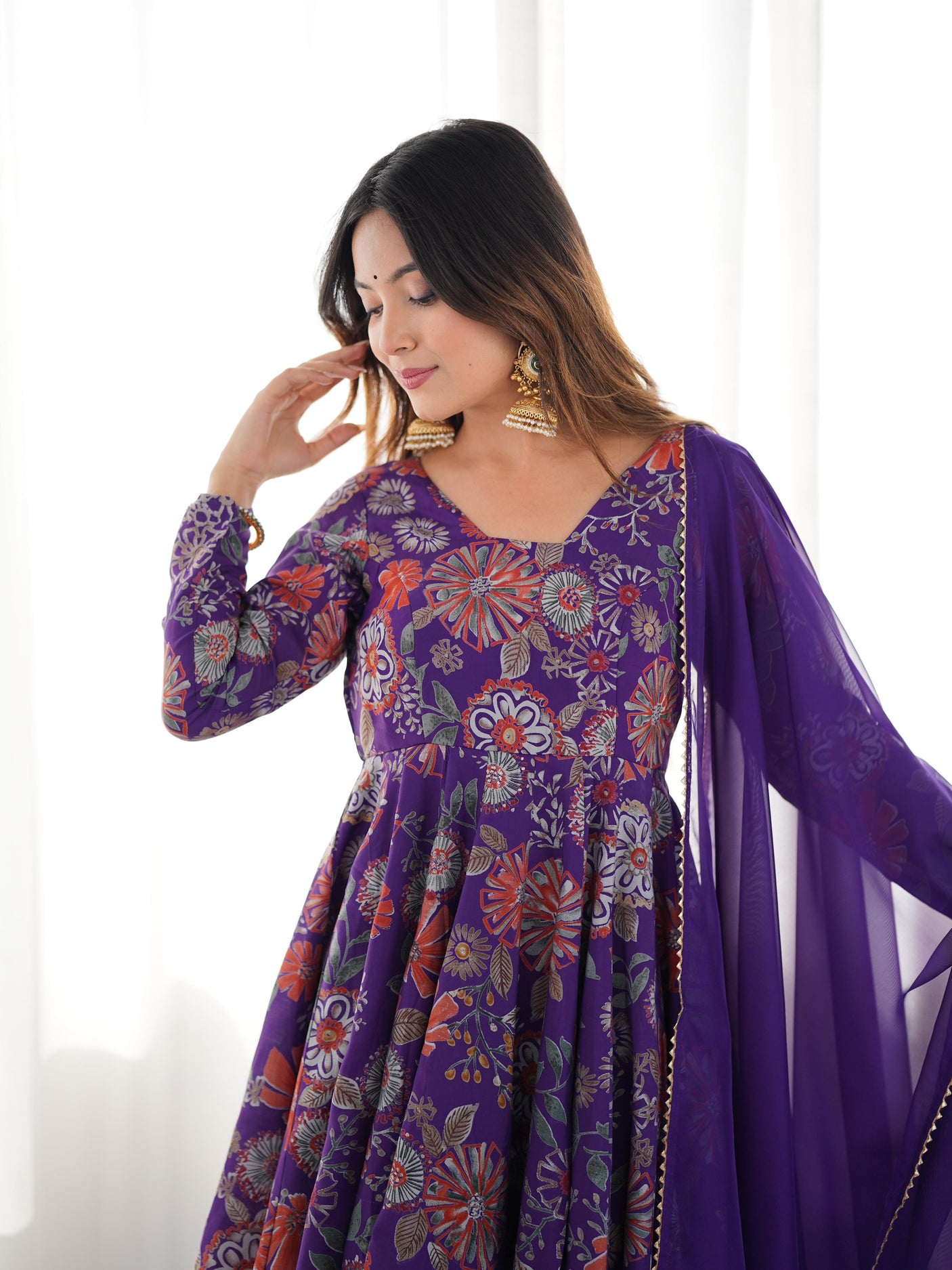 Purple Elegant Roman Silk Chanderi Kediya Kurta Set with Dupatta & Palazzo