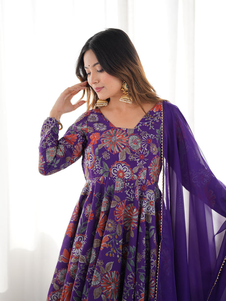 Purple Elegant Roman Silk Chanderi Kediya Kurta Set with Dupatta & Palazzo