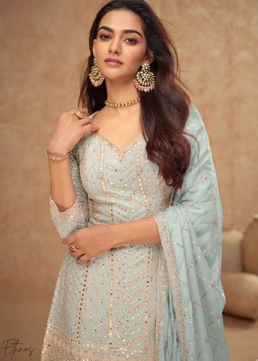 Seafoam Sequins Chinon Palazzo Suit