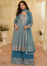 Blue Georgette Anarkali Palazzo Suit
