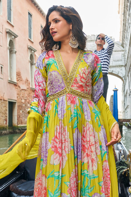 Lime Green Chinon Silk Gown with Dupatta