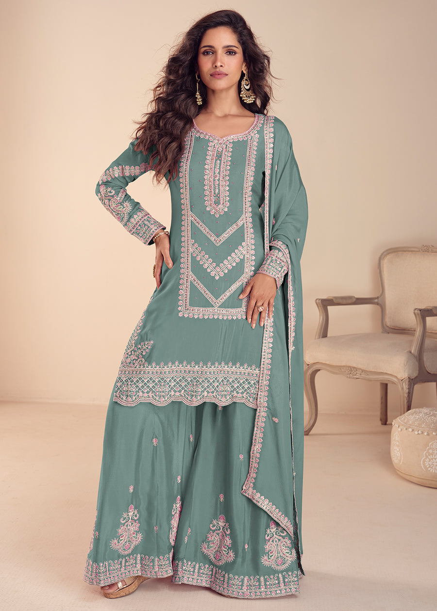 Mint Teal Chinon Embroidered Suit