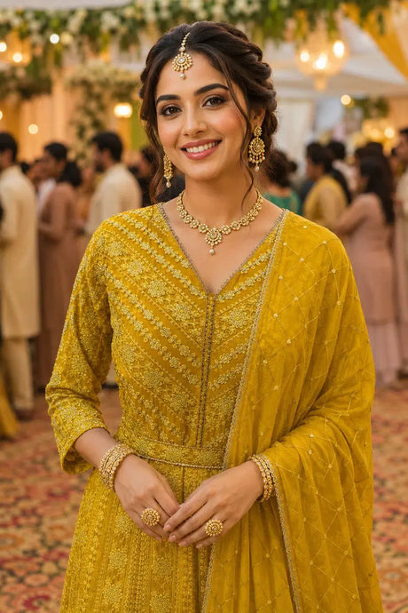 Mrudangi Sajni Georgette Chikankari Embroidered Gown With Dupatta