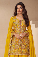 Yellow Embroidered Chinon Suit