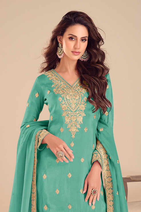 Green Embroidered Simar Silk Suit