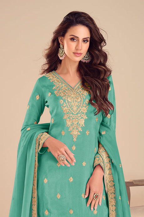Green Embroidered Simar Silk Suit