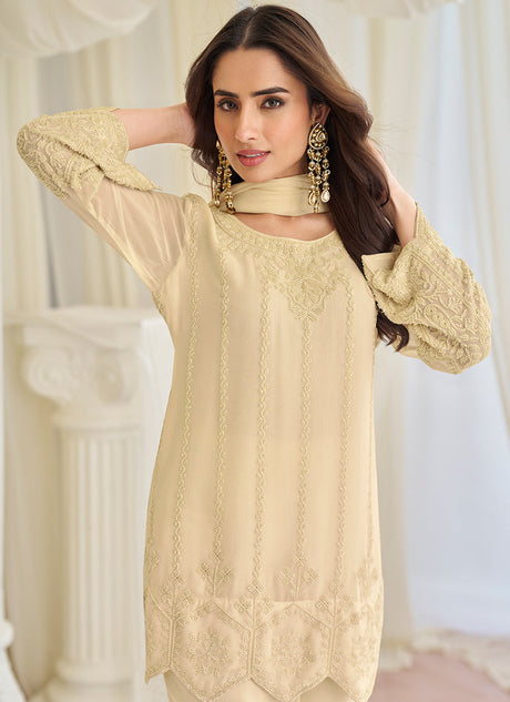 Cream Chinon Silk Embroidery Work Festival wear Salwar Suit
