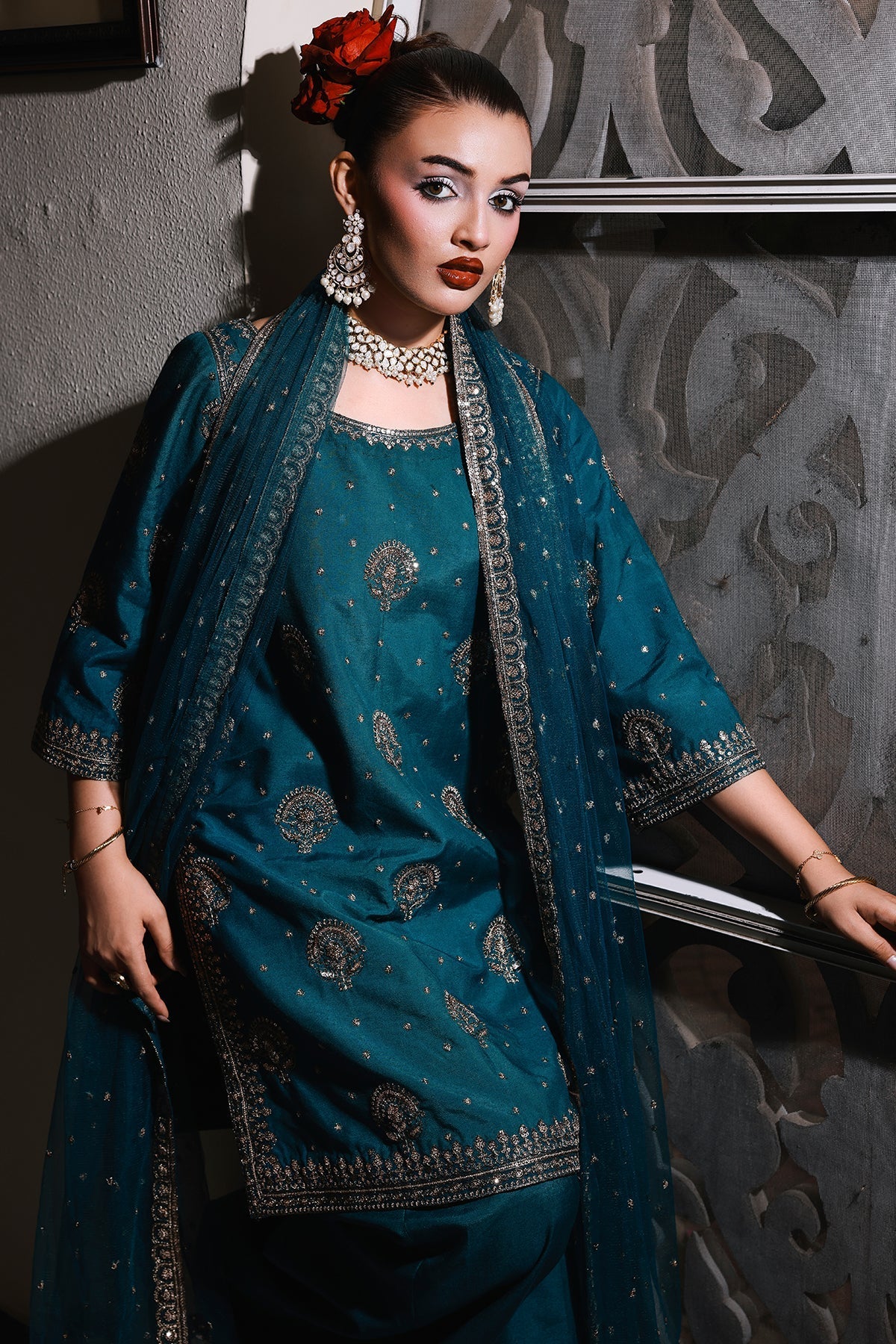 3-PC Embroidered Raw-Silk Suit by Charizma
