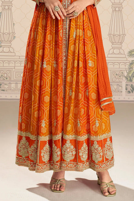 Orange Embroidered Chinon Silk Suit