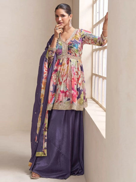 Multicolor Floral Printed Palazzo Premium Festive Wear Salwar Kameez