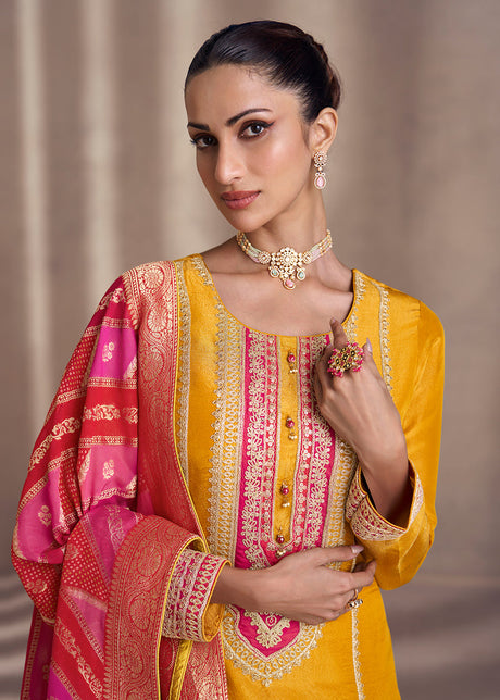 Gold Yellow Shimmer Silk Wedding Festive Salwar Kameez