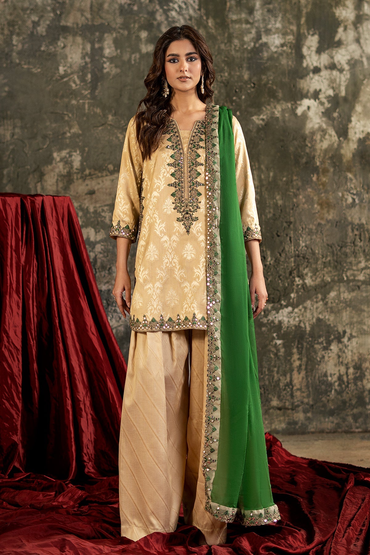 3-PC Embroidered Raw-Silk Suit By Charizma