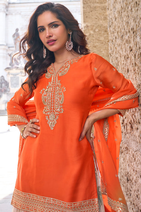 Orange Embroidered Chinon Suit