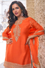 Orange Embroidered Chinon Suit
