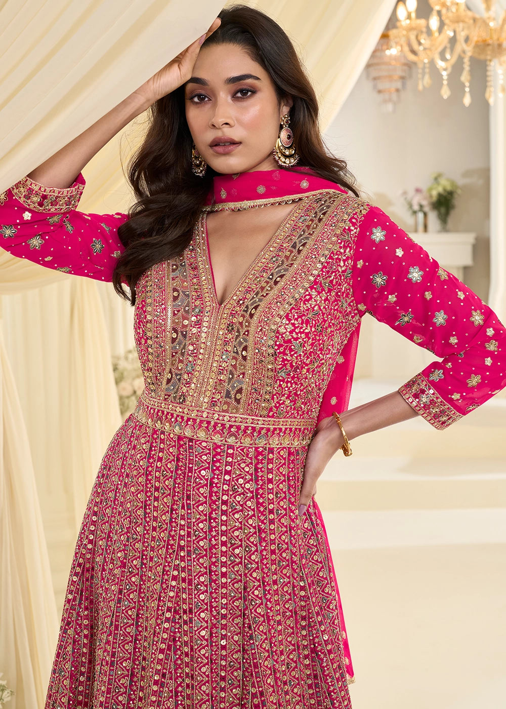 HOT PINK GEORGETTE ANARKALI GOWN WITH ALL-OVER ZARKAN EMBROIDERY
